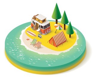 vector isometric icon representing camper van on the beach with tourist and travel equipment  - tent, deck chairs and surfing boards