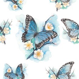 watercolor blue butterfly on blossom plum tree branch pattern. vector seamless texture with artistic illustration with flowers and butterfly. 