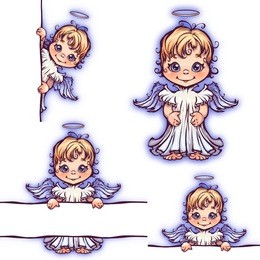 vector set of cute angel with panel for text.