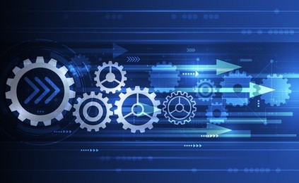 vector illustration abstract futuristic, white gear wheel on circuit board, high computer engineering  technology concept, digital speed technology on blue color background