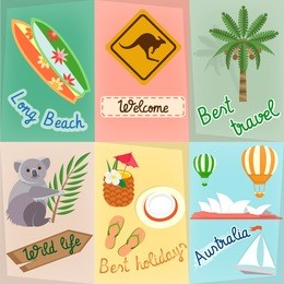 set travel in australia: koala, serf, road sign kangaroo, palm tree travels around the world concept