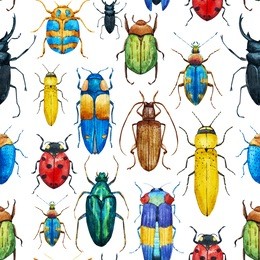 watercolor pattern with bright beetles