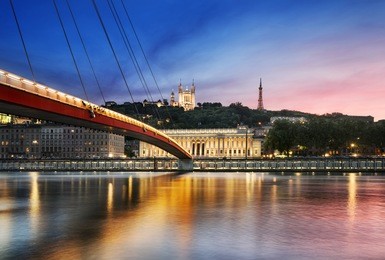 view of saone river at sunset,lyon, france.