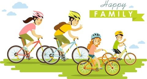 happy family riding bikes isolated on white background in flat style