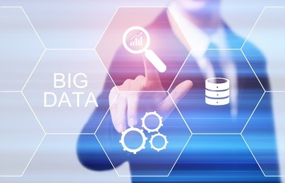 business, technology, internet and networking concept - businessman pressing big data button on virtual screens