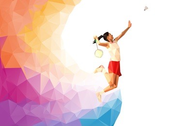 unusual colorful triangle background: geometric polygonal professional female badminton player, jumping smash