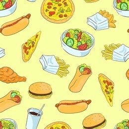 seamless background with a pattern of fried chicken, salad with cabbage, tomatoes, cucumbers and peppers, soda, shawarma, hot dog, burger, french potato, pizza. fast food