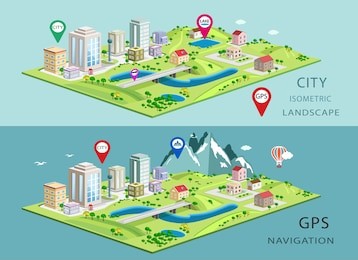 isometric landscapes with city buildings, parks, plains, hills, mountains, lakes and rivers. set of detailed city buildings. 3d isometric map with gps navigation
