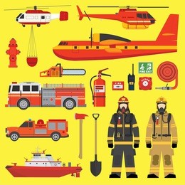 firefighters, vehicles, equipment and fire brigade collection set