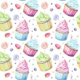 sweet delicious watercolor pattern with cupcakes. hand-drawn background. vector illustration.
