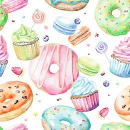 sweet delicious watercolor pattern with macarons, cupcakes, donuts. hand-drawn background. vector illustration.