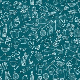 seamless texture with of kitchen doodle sketch utensils hand-drawn on blackboard. can be used for wallpaper, pattern fills, textile, web page background, surface textures.vector illustration.