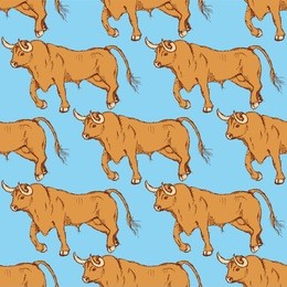 sketch angry bull in vintage style, vector seamless pattern