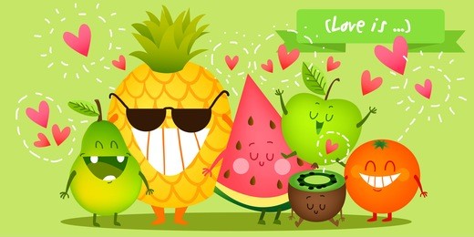 a set of cute fruit. illustration with funny characters. love and hearts. time to fresh. orange, apple, watermelon, kiwi, pineapple.