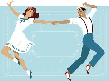 couple dressed in 1940s fashion dancing in a classic broadway music theater style, frame with a copy space on the background, eps 8