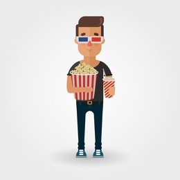 vector cartoon character with 3d glasses, popcorn and lemonade