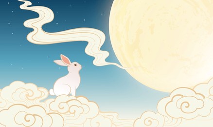 white rabbit sits atop swirling clouds. moon shines bright against starry night sky. calm, serene atmosphere envelops the scene. ideal for cultural or seasonal imagery projects