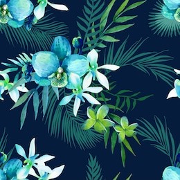 tropical watercolor seamless pattern of exotic flowers. jungle palm leaves background.