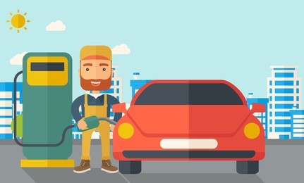 a happy hipster gasoline boy filling up fuel into the car. a contemporary style with pastel palette, soft blue tinted background with desaturated clouds. vector flat design illustration. horizontal