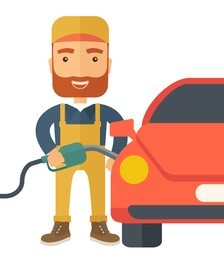 a happy hipster gasoline boy filling up fuel into the car. a contemporary style. vector flat design illustration isolated white background. square layout 