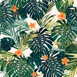summer colorful hawaiian seamless pattern with tropical plants and hibiscus flowers, vector illustration
