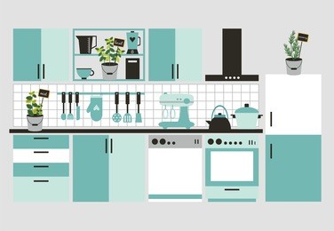 kitchen interior card. vector illustration.
