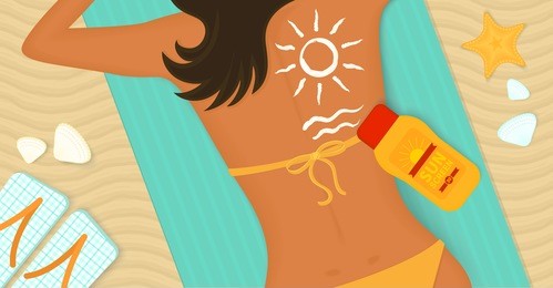 young girl sunbathes on a beach and caring about her health she uses sunscreen 