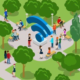 men & women 3d flat isometric style with wi-fi icon in park concept vector.
creative people collection.