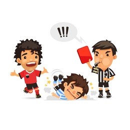 soccer player who making tackle foul and referee showing him red card. isolated on white background.