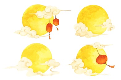 full moon mid autumn festival hand drawn illustration set, glowing moon with fluffy clouds and lantern, chinese festival celebration.