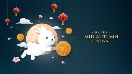 a charming illustration of a white rabbit leaping among mooncakes and lanterns under a full moon for the mid autumn festival celebration.