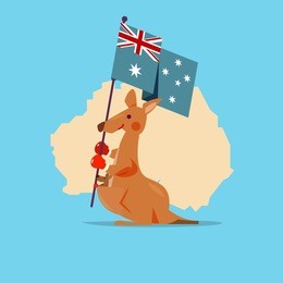 kangaroo and baby handle australia flag with map in background. character design.
national animal - concept - vector illustration
