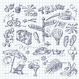 summer and travel symbols on a square paper seamless background. hand drawn doodle set.