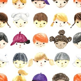 set of watercolor children faces for your design. seamless pattern. vector.