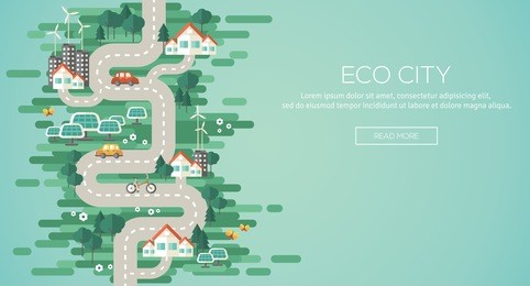 flat design vector illustration concept of ecology. landscape with buildings, electric cars and nature ecology elements, solar panels, wind turbines. eco city map. go green. save the earth. earth day.