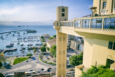 salvador brazil city skyline view with lacerda elevator and bay of all saints 