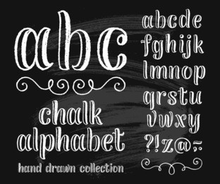 vector set with hand written abc letters and typography elements on black background. chalk design