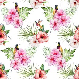 watercolor tropical seamless pattern, pink hibiscus, hummingbirds white background