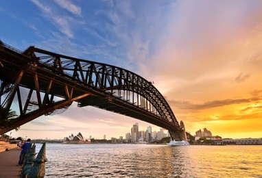 view of sydney harbor at dusk