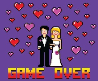 wedding funny card with game over message pixel art style vector illustration