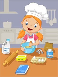 cartoon little girl holding batter cake
