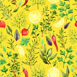 seamless pattern with watercolor vegetables on yellow background