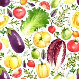seamless pattern with watercolor vegetables on white background