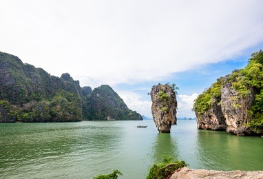 high angle view beautiful landscape sea and sky at khao tapu or james bond island in ao phang nga bay national park, thailand
