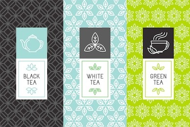 vector set of design elements and icons in trendy linear style for tea package - white,black and green tea