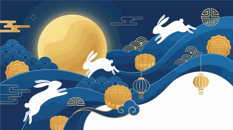 vibrant mid autumn festival illustration with moon rabbits under a radiant full moon, traditional lanterns, mooncakes, and elegant blue waves and clouds