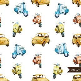 watercolor vector retro pattern transport, car and scooter