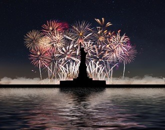 statue of liberty on the background of fireworks and starry sky, independence day