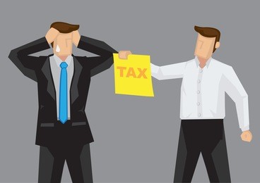 businessman in tears and pulling hair, stressed out by tax collector handling him document with word tax on it. cartoon vector illustration for financial stress and taxation concept.
