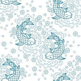 koi chinese carp seamless pattern blue background with fish